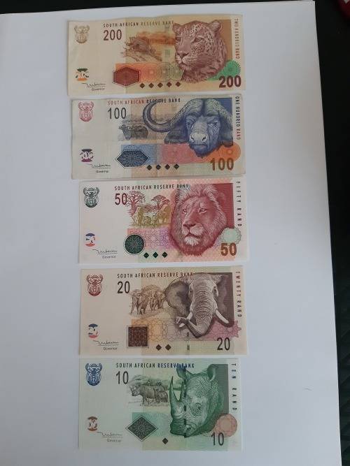 Set of R10, R20, R50 (UNC) and R100, R200 (used) 2nd issue Tito Mboweni South African Banknotes